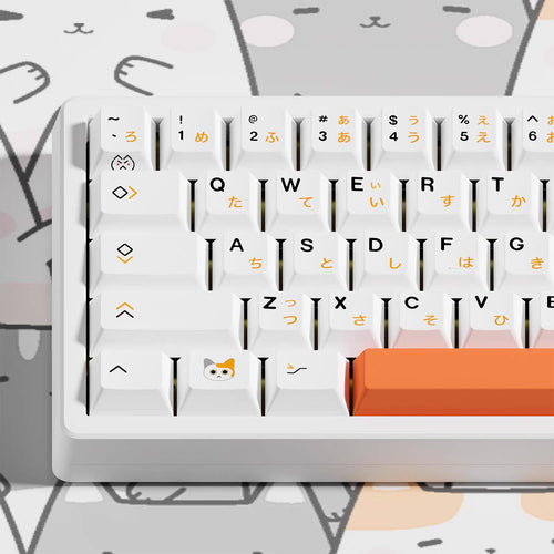 Cat Keycaps White and Orange Japanese 128 Key PBT OEM Profile Set